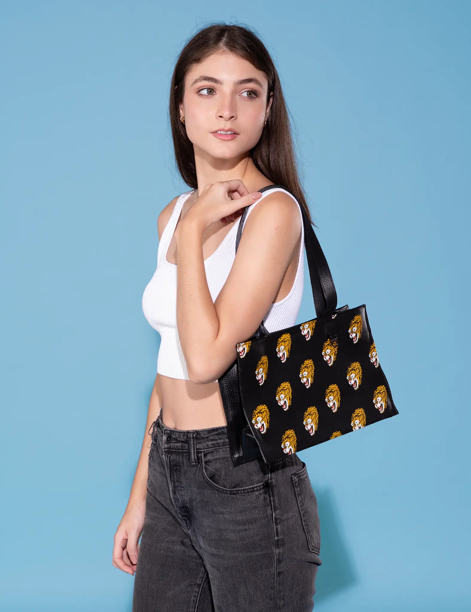 Marko Small Black Leather Tote Bag - Blazing Tiger Print